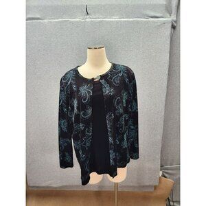 Elementz Womens XL Black & Turquoise Paisley Cardigan With Sparkling Button Deta